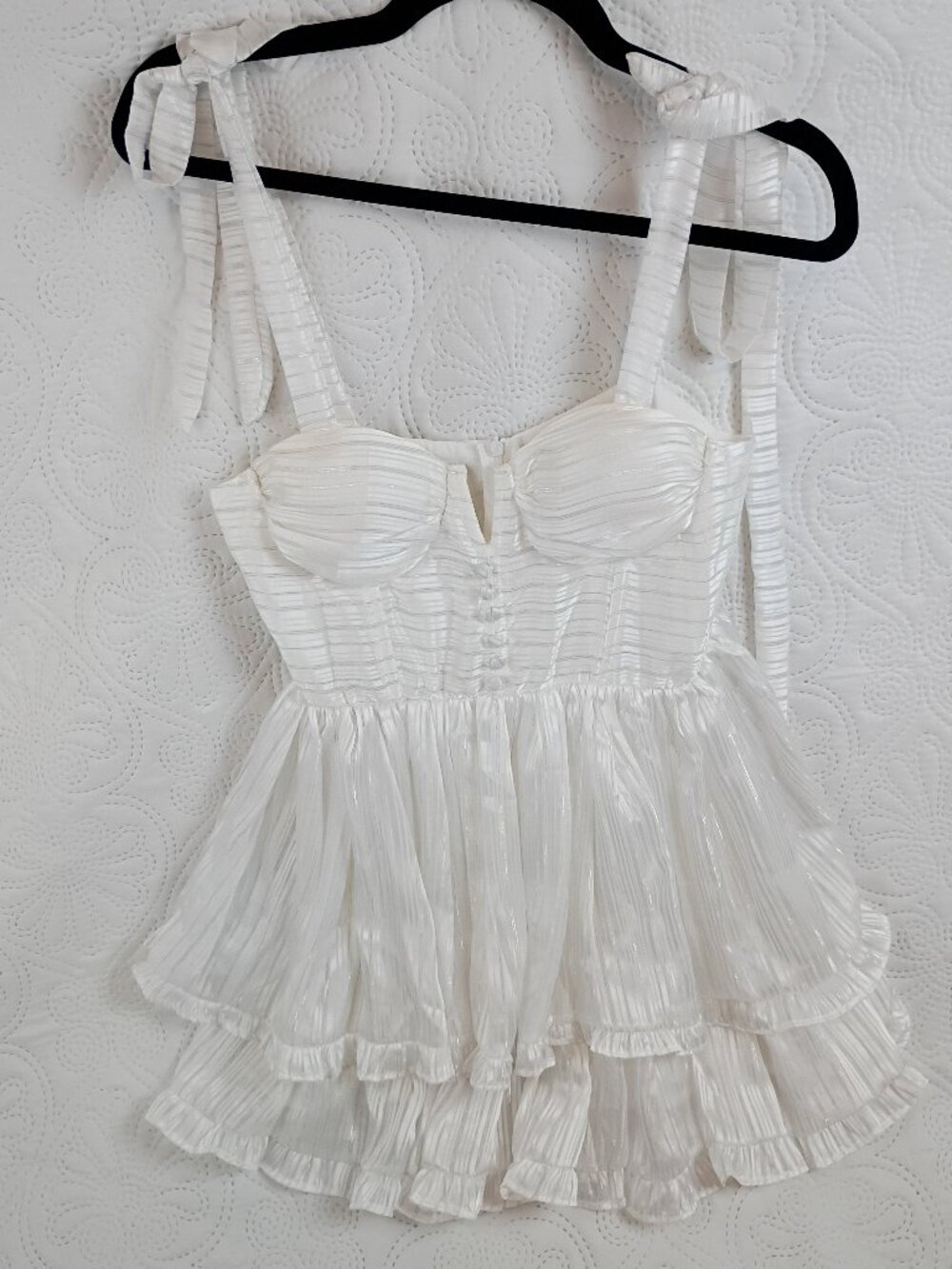 NWOT White Shimmer Tiered Ruffle Mini Dress | Size S | Boutique Style